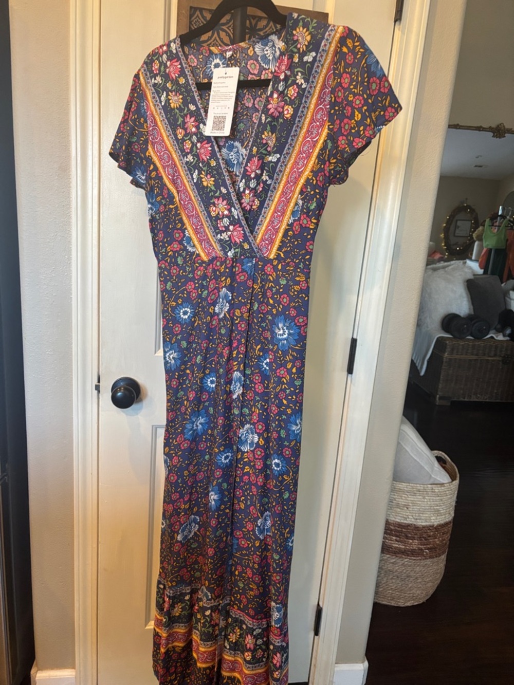 Floral V-Neck Maxi Dress in Navy - Boho Garden Print